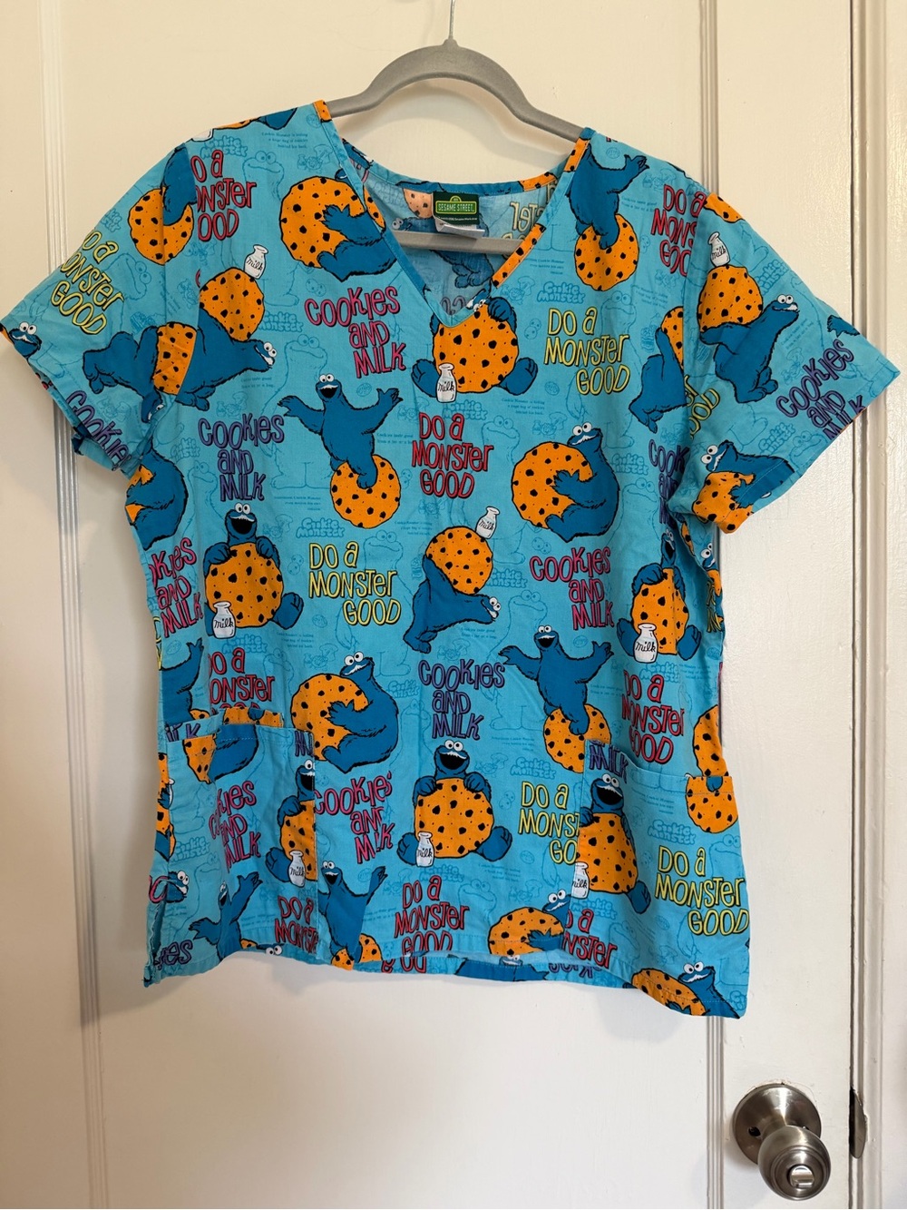 Cookie Monster Medium Scrub Top Uniform CNA Nurse Milk Sesame Street